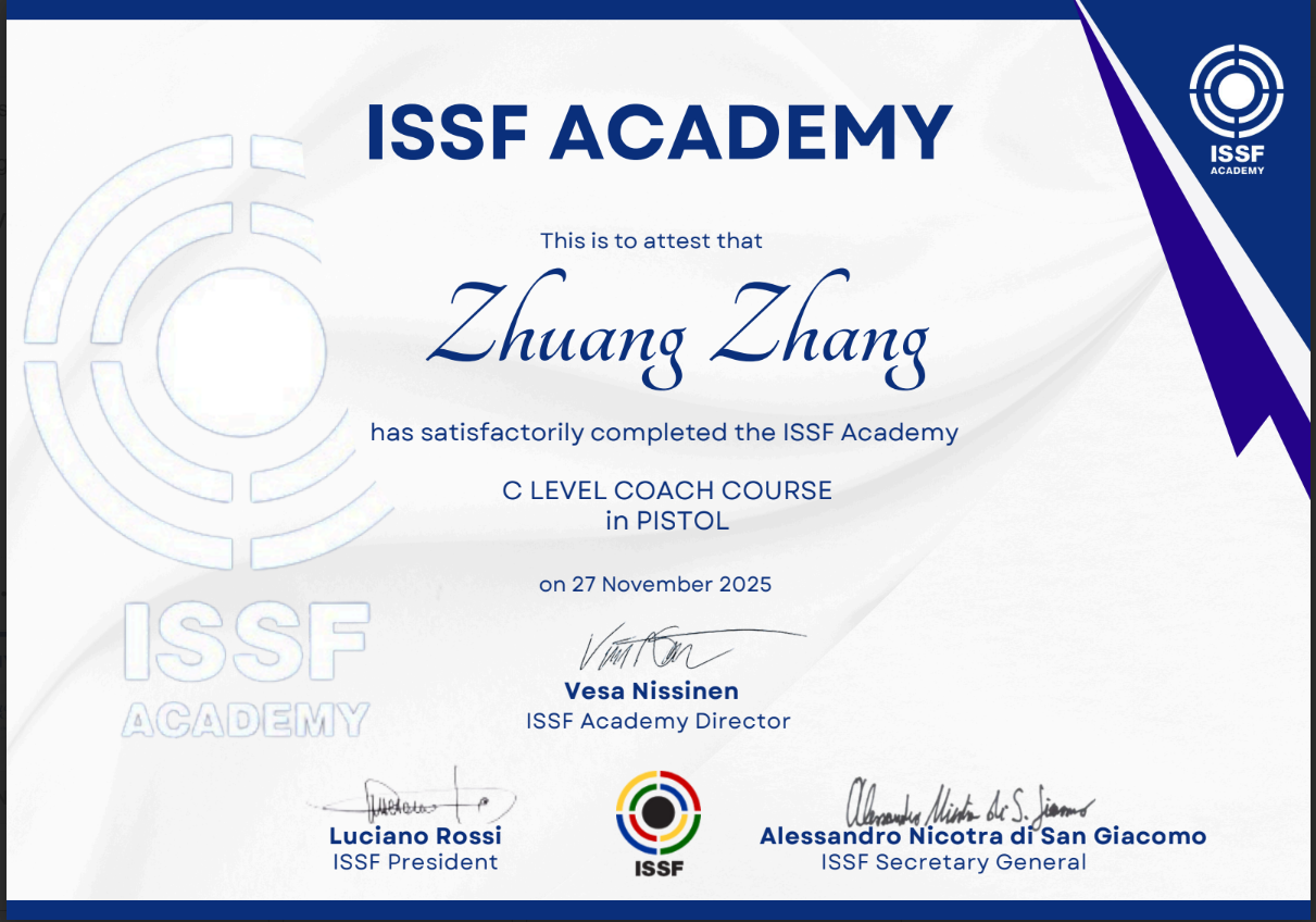 Tony Zhang is certified with ISSF-C pistol coach license