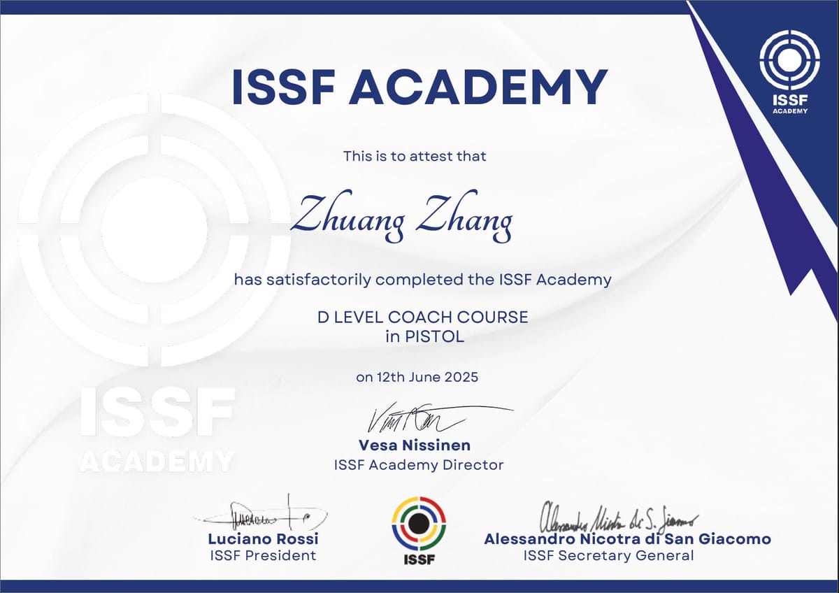 Tony Zhang receives ISSF-D Pistol Coach License, and accepted for the C level coach course