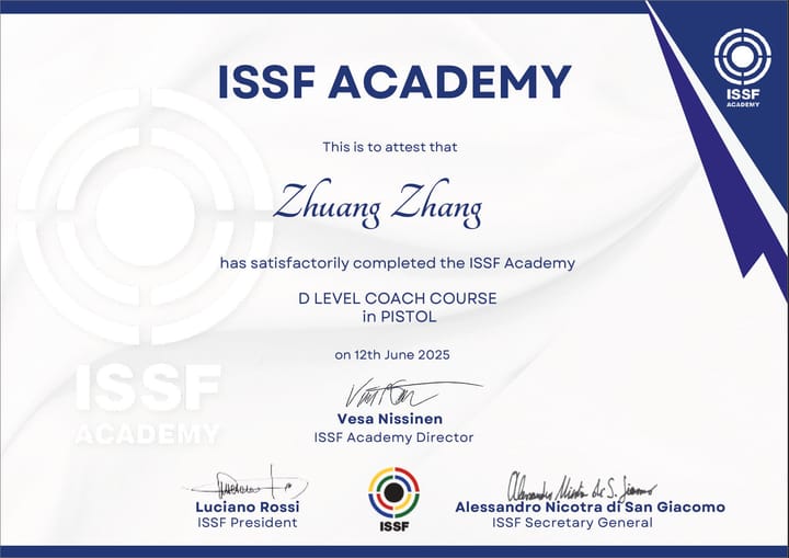 Tony Zhang receives ISSF-D Pistol Coach License, and accepted for the C level coach course